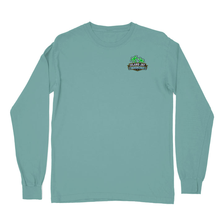 A long-sleeve crewneck t-shirt in a muted teal-green color, featuring a small graphic logo on the left chest that reads 'Fell's Joy Brewing Company' with a green beer foam head illustration.