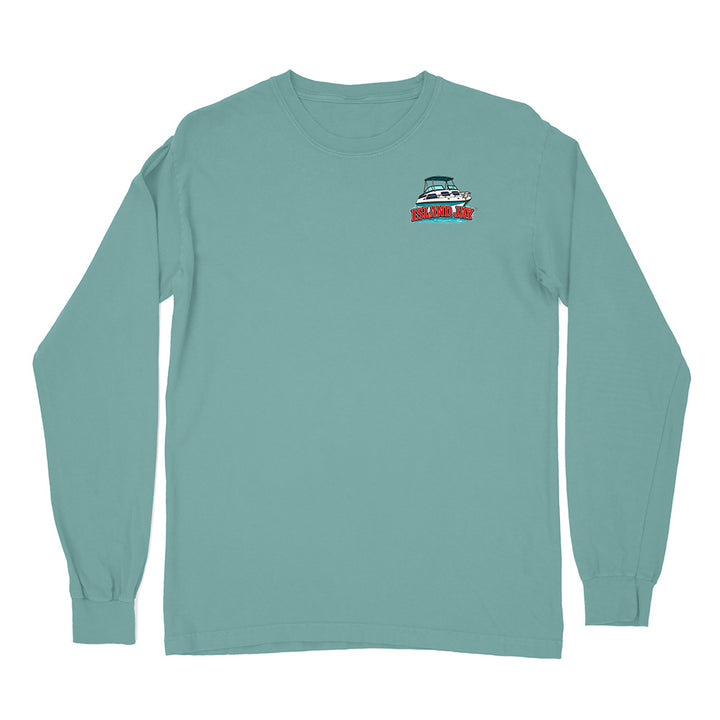 A long-sleeve crewneck t-shirt in a muted teal-green color, featuring a small graphic print on the left chest with a sailboat and the text 'SAIL OR RIDE'. The shirt is displayed flat against a solid white background.