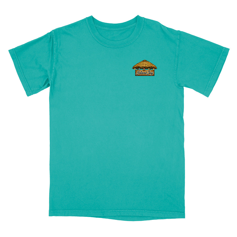 A turquoise short-sleeve crewneck t-shirt with a small graphic on the left chest depicting a taco with the word 'Island Jay' written below it, shown against a plain white background.