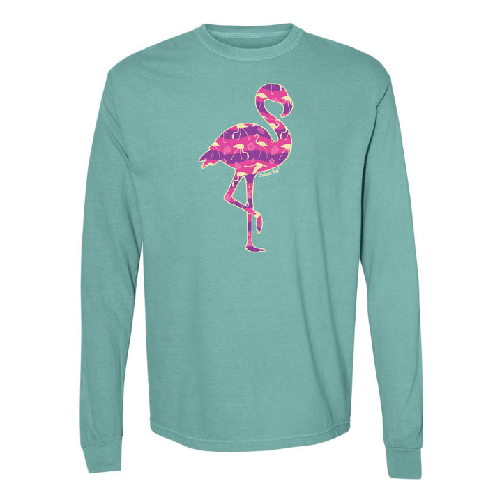 Teal  long-sleeve shirt with a pink flamingo design on a white background