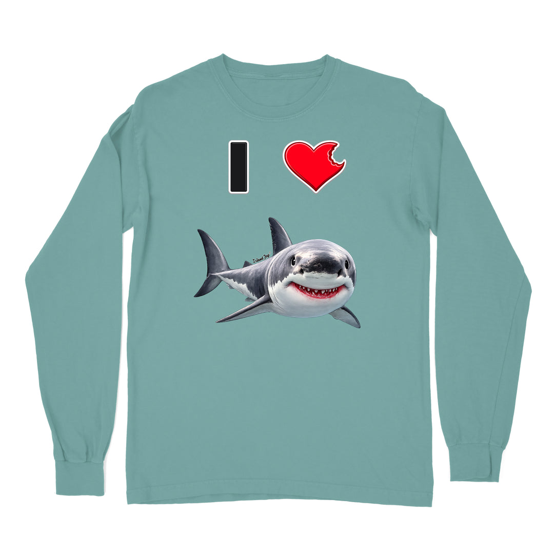 A teal long sleeve shirt with the phrase "I love shark" written with a heart icon graphic for the "love" and a cute shark graphic for the "Shark".