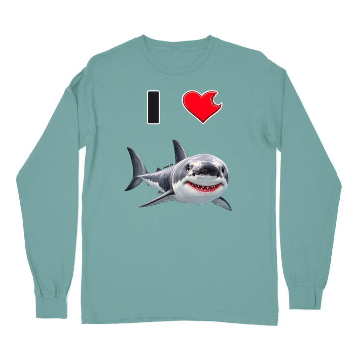 A teal long sleeve shirt with the phrase "I love shark" written with a heart icon graphic for the "love" and a cute shark graphic for the "Shark".