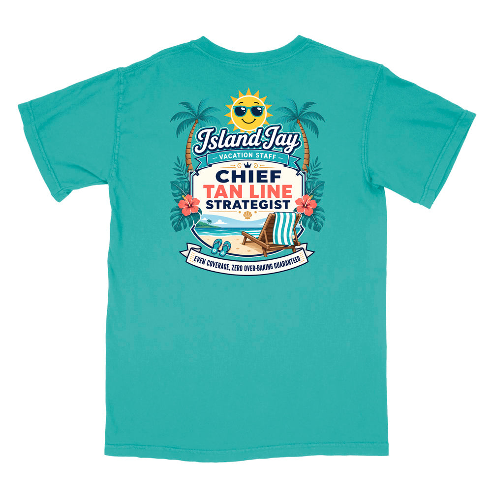 A turquoise short-sleeve t-shirt with a colorful graphic print on the front. The graphic features a smiling sun wearing sunglasses, palm trees, a beach scene, and text that reads 'Island Jay Vacation Staff by CHIEF TAN LINE STRATEGIST'.