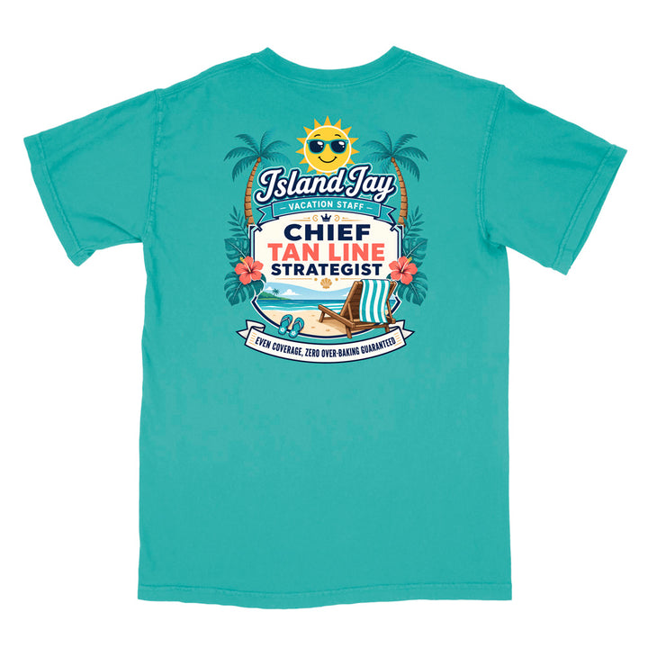 A turquoise short-sleeve t-shirt with a colorful graphic print on the front. The graphic features a smiling sun wearing sunglasses, palm trees, a beach scene, and text that reads 'Island Jay Vacation Staff by CHIEF TAN LINE STRATEGIST'.
