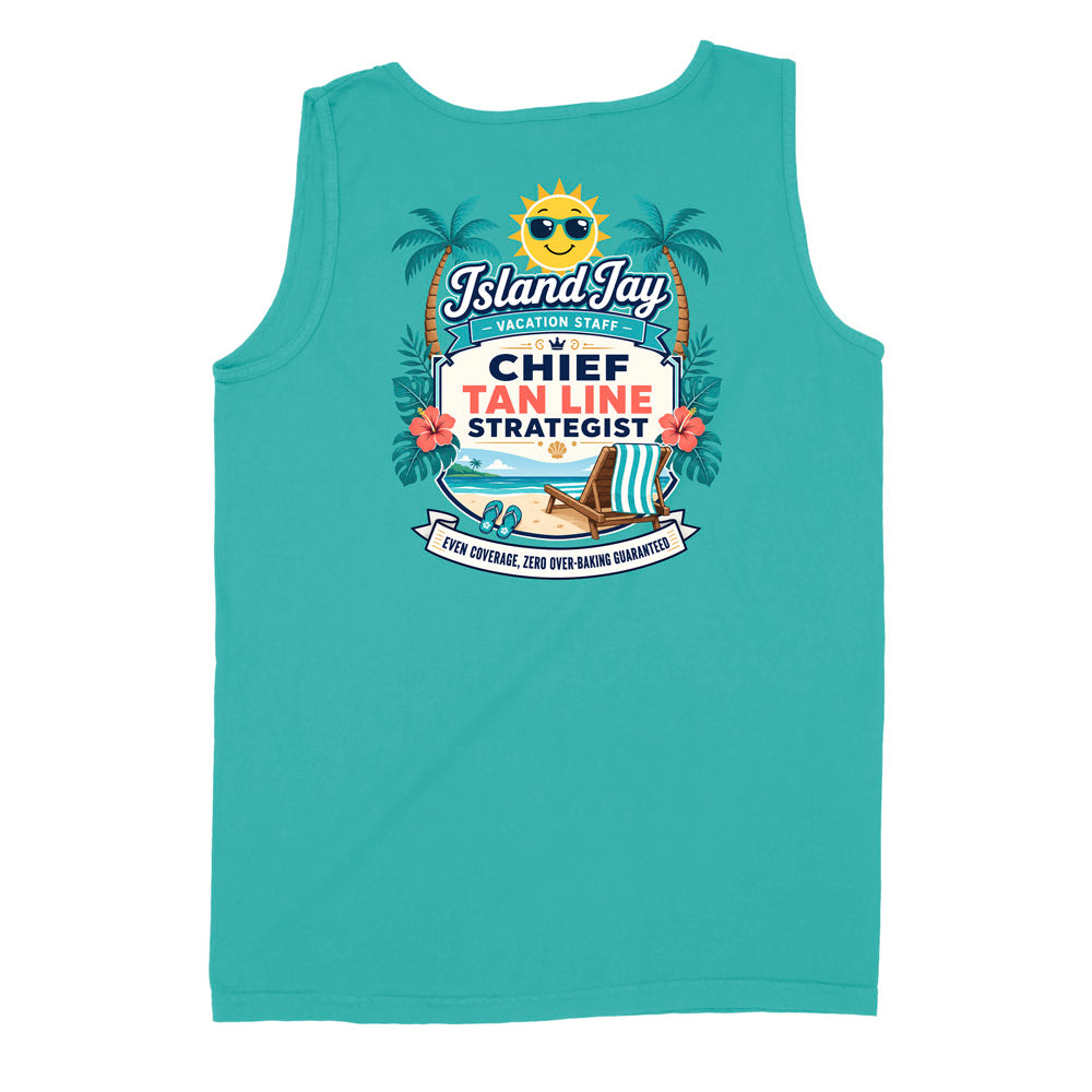 A turquoise sleeveless tank top shown flat against a white background, featuring a colorful graphic print on the back with palm trees, a sun, beach elements, and the text 'Island Jay Vacation Staff' and 'CHIEF TAN LINE STRATEGIST'.