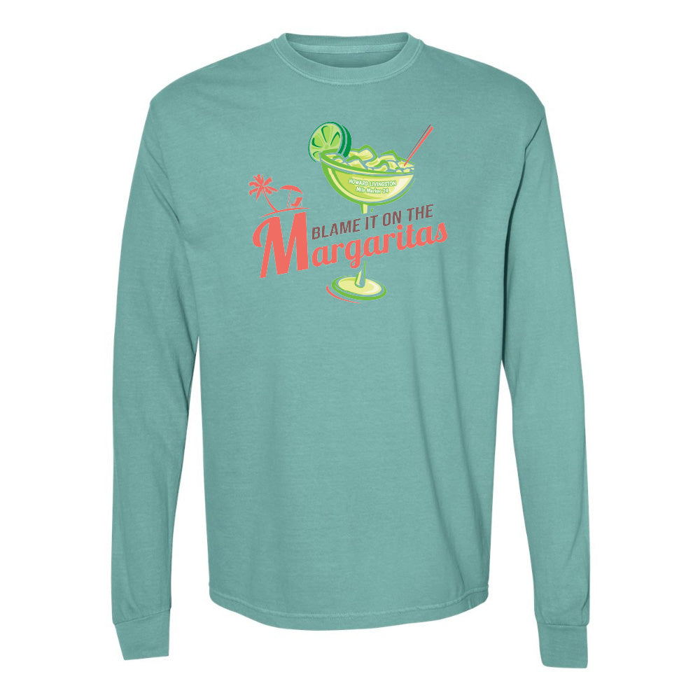 Teal long-sleeve shirt with margarita graphic and text on a white background