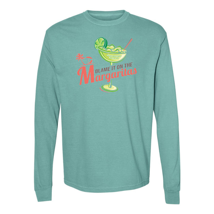 Teal long-sleeve shirt with margarita graphic and text on a white background