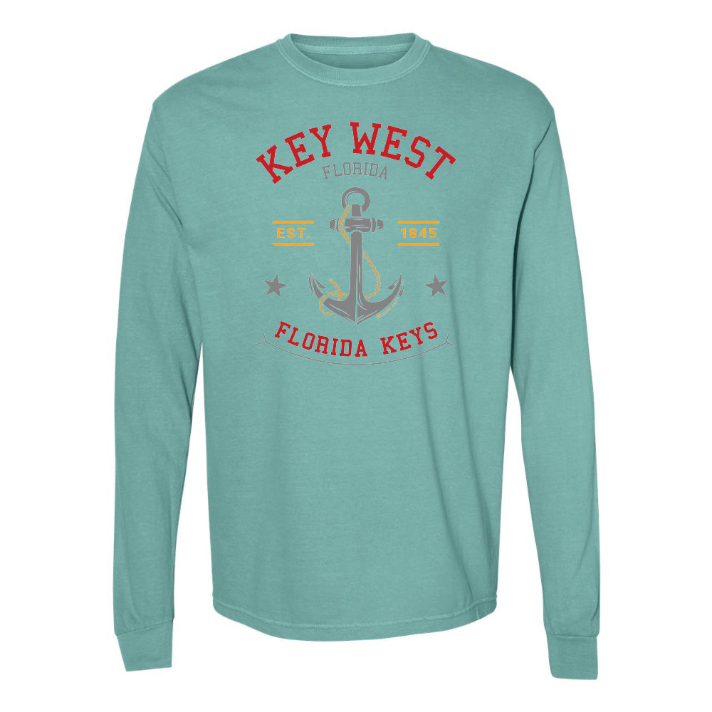 Teal long-sleeve shirt with 'Key West, Florida Keys' design on a white background