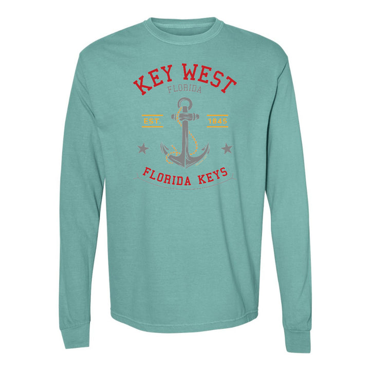 Teal long-sleeve shirt with 'Key West, Florida Keys' design on a white background