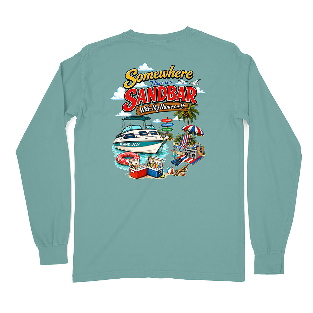 A long-sleeve t-shirt in a dusty teal color, shown from the back. The back features a large, colorful graphic print with the text 'Somewhere Sandbar' and 'With My Name on It' above an illustration of a beach scene with a speedboat, lounge chairs, and a red and white striped umbrella.