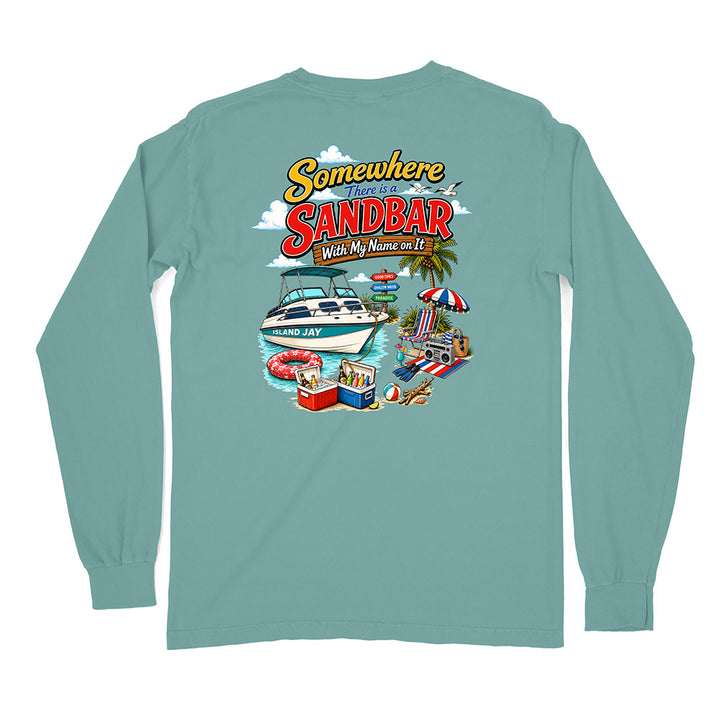 A long-sleeve t-shirt in a dusty teal color, shown from the back. The back features a large, colorful graphic print with the text 'Somewhere Sandbar' and 'With My Name on It' above an illustration of a beach scene with a speedboat, lounge chairs, and a red and white striped umbrella.