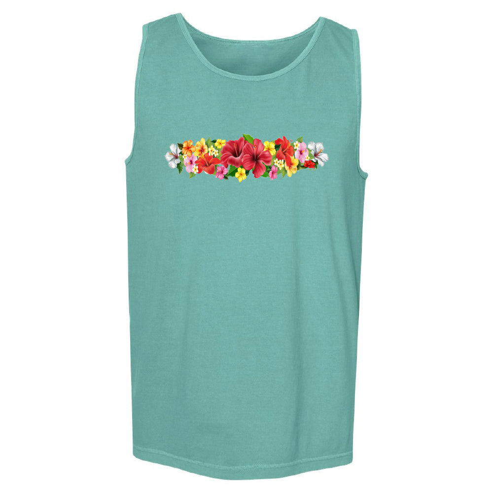 Teal tank top with colorful floral design on a white background