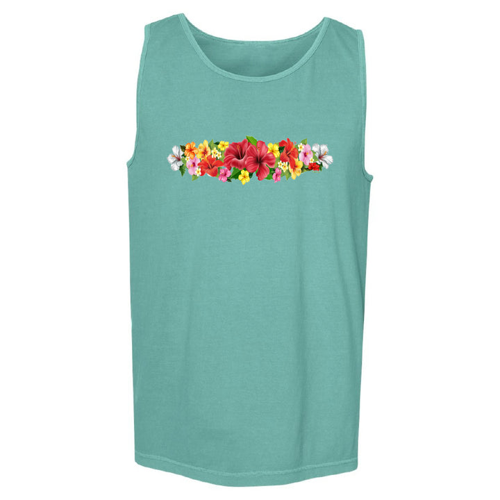 Teal tank top with colorful floral design on a white background