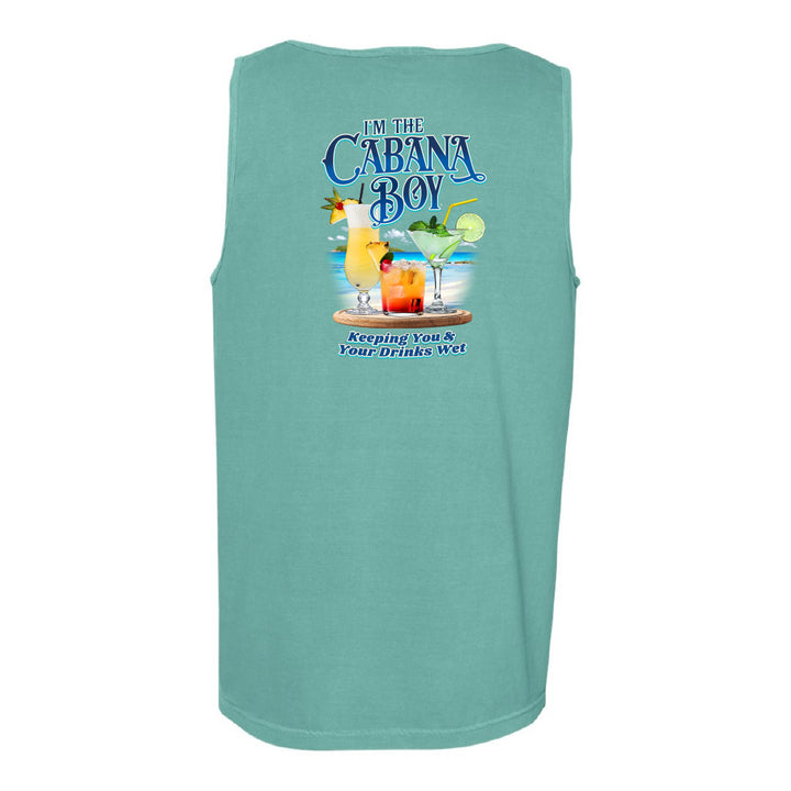 A sleeveless tank top in a mint green color, featuring a colorful graphic print on the back with the text 'I'm The Cabana Boy' and a cocktail illustration.
