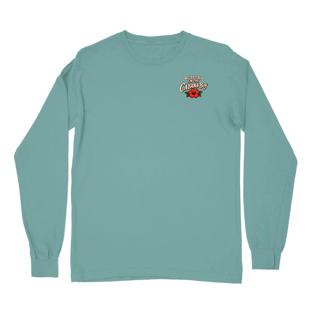 A long-sleeve crewneck t-shirt in a muted teal color, featuring a small graphic on the left chest with the words 'SUNSET CANYON' and a red rose.