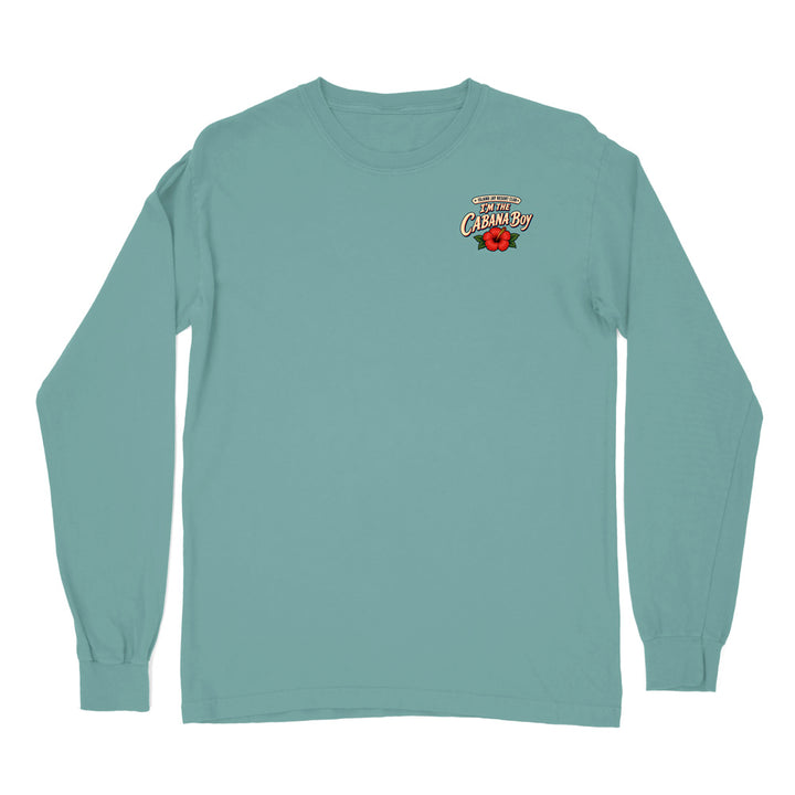 A long-sleeve crewneck t-shirt in a muted teal color, featuring a small graphic on the left chest with the words 'SUNSET CANYON' and a red rose.