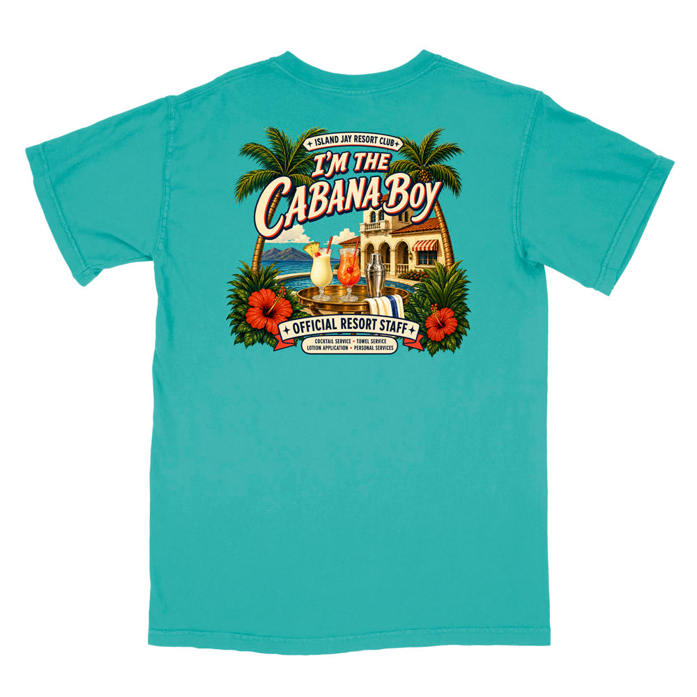 A turquoise short-sleeve t-shirt shown flat against a white background, featuring a large colorful graphic print on the back with palm trees, hibiscus flowers, a resort scene, and the text 'I'm The Cabana Boy' and 'Official Resort Staff'.