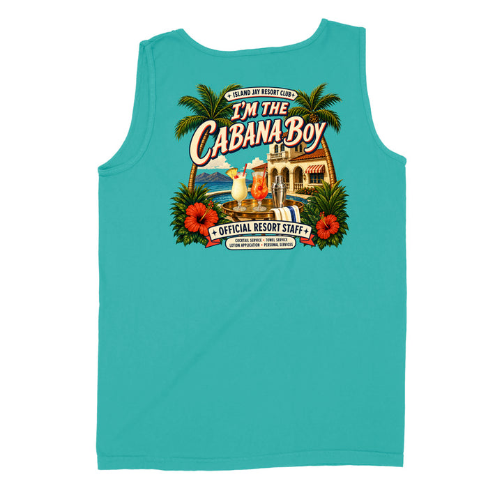 A turquoise sleeveless tank top shown flat against a white background, featuring a large retro-style tropical graphic on the front with palm trees, red hibiscus flowers, a resort building, cocktails, and the text 'I'M THE CABANA BOY' and 'ISLAND JOY RESORT CLUB'.