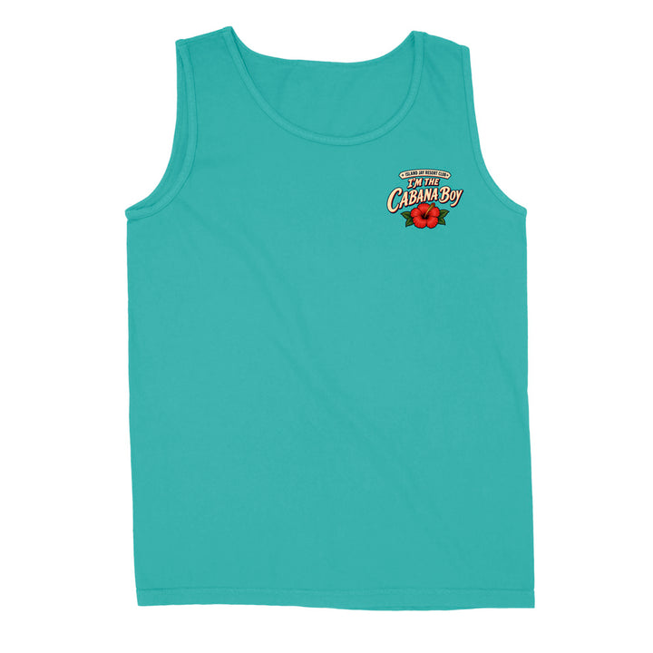 A turquoise sleeveless tank top with a small graphic on the left chest reading 'Caban Boy' with a red flower illustration, shown on a plain white background.