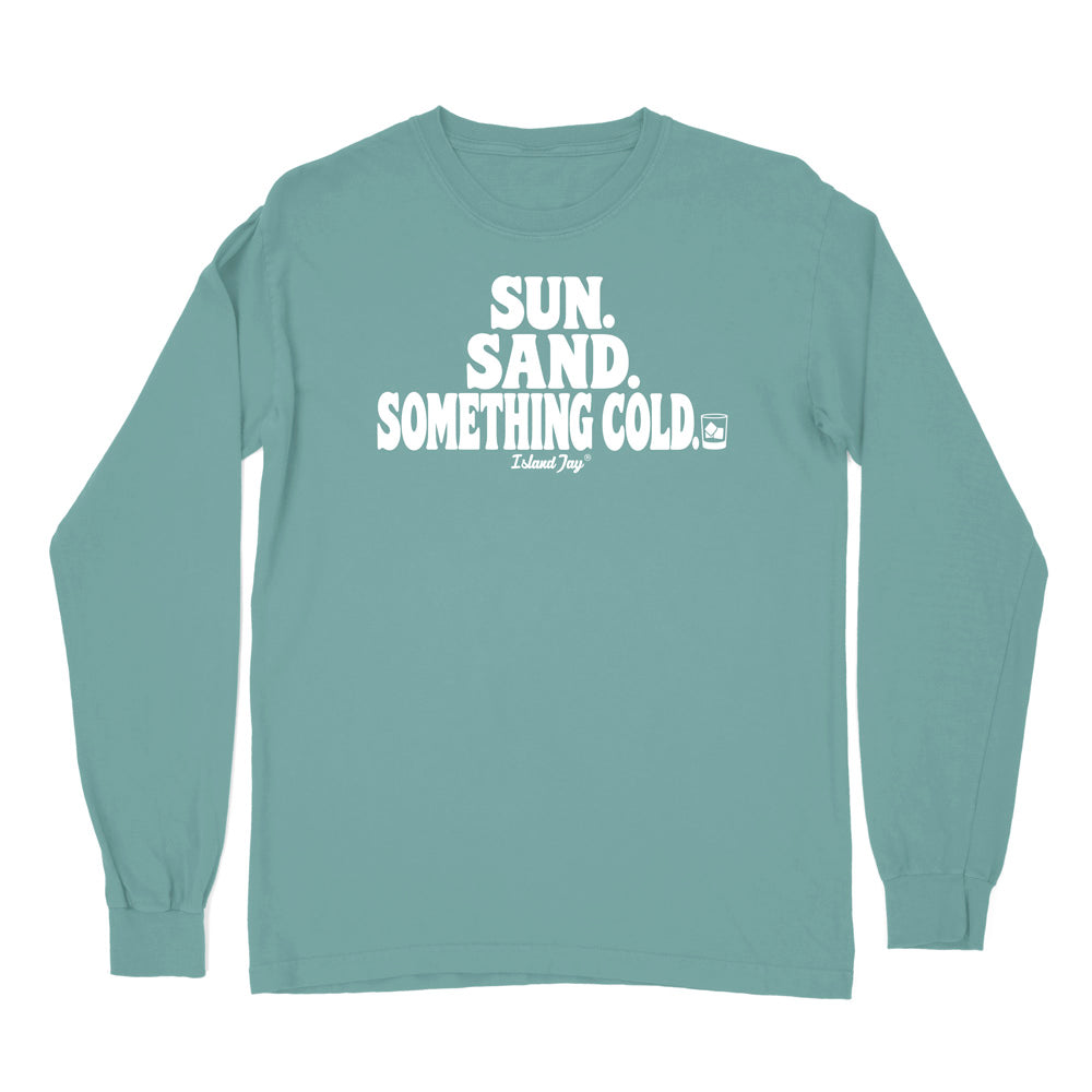 A seafoam green long-sleeve t-shirt with a white graphic text print on the chest reading 'SUN. SAND. Something cold