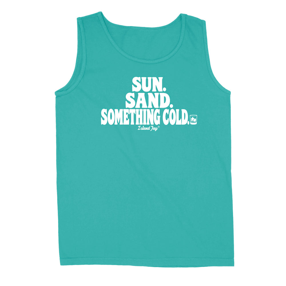 A teal tank top with white graphic text reading 'SUN. SAND. Something cold