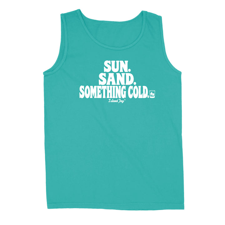 A teal tank top with white graphic text reading 'SUN. SAND. Something cold