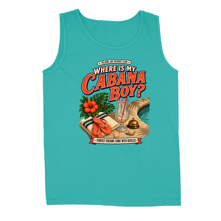 A turquoise sleeveless tank top with a retro-style graphic on the front reading 'WHERE IS MY CABANA BOY?' in red and orange lettering, with tropical illustrations including hibiscus flowers, a cocktail glass, a palm leaf, and a poolside scene.