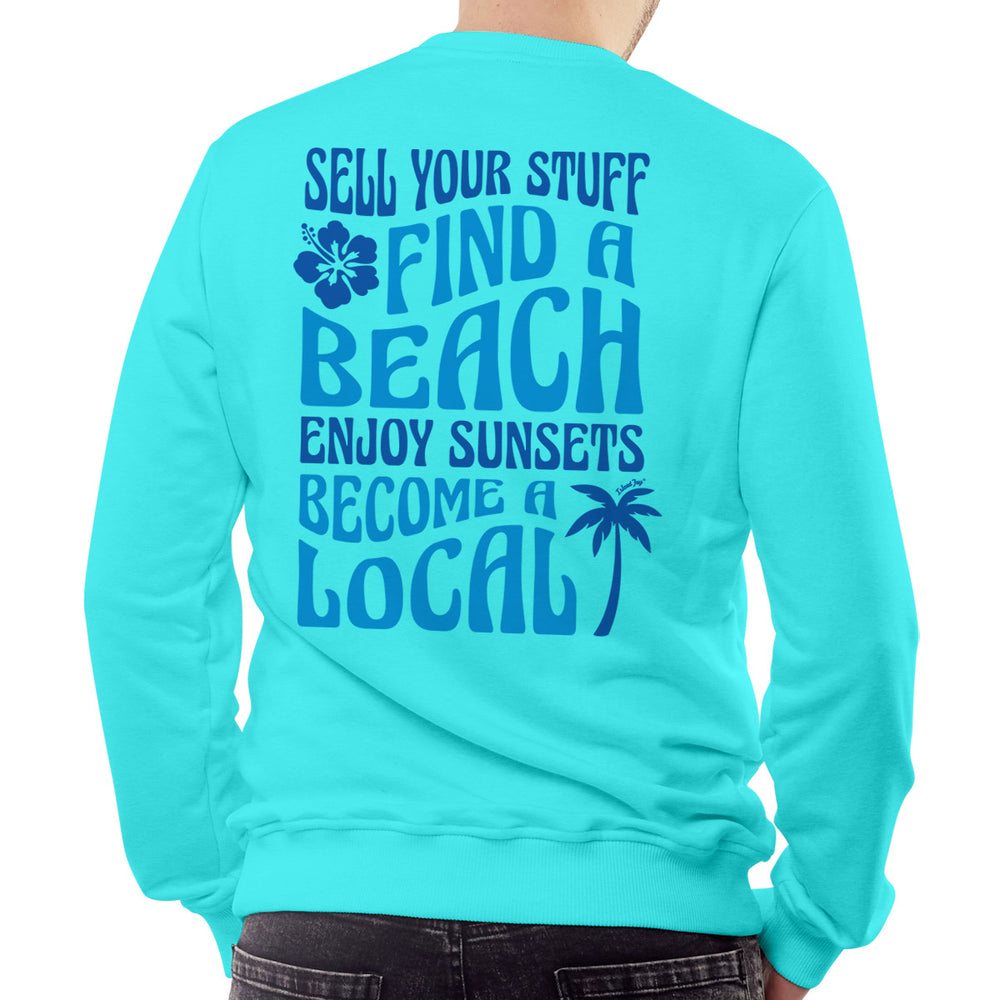 Sell Your Stuff & Become A Local Soft Style Sweatshirt Model Wearing A Scuba Blue color Beach Sweatshirt