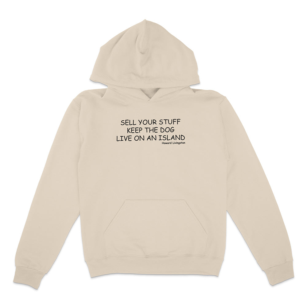 Beige hoodie with text on a white background
