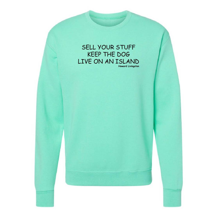 Mint green sweatshirt with black text on a white background