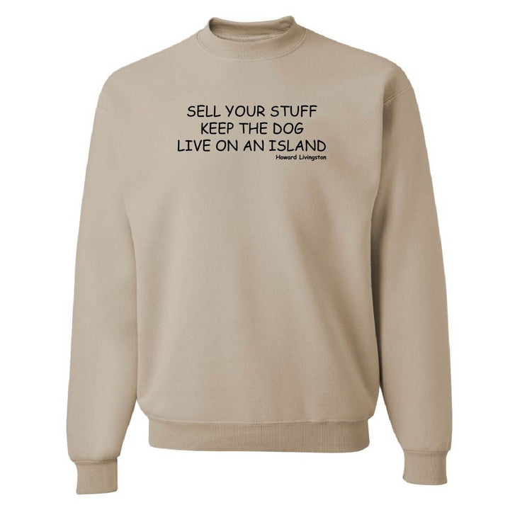 Beige sweatshirt with black text on a white background
