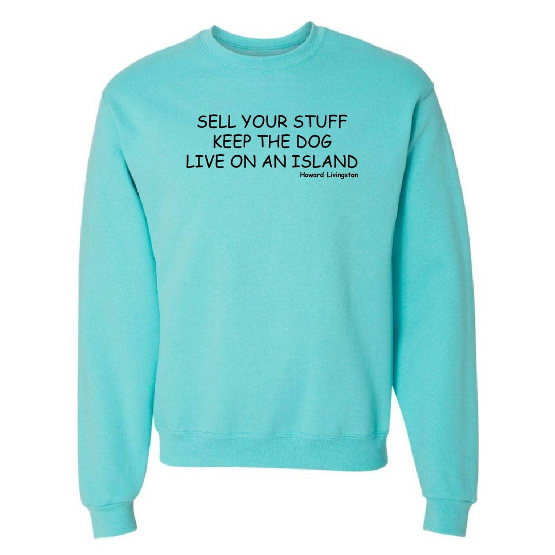 Turquoise sweatshirt with black text on a white background