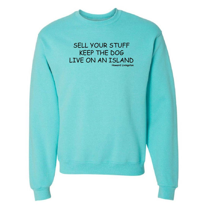 Turquoise sweatshirt with black text on a white background