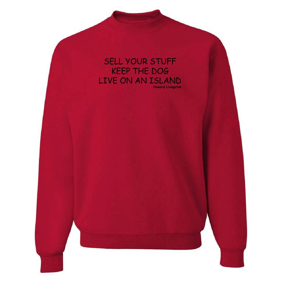 Red sweatshirt with black text on a white background