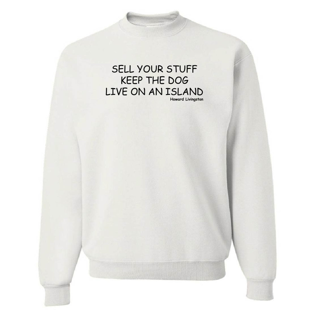 White sweatshirt with black text on a white background