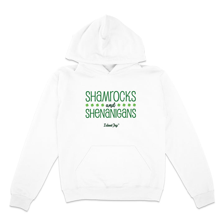White hoodie with green text 'Shamrocks and Shenanigans' on a white background