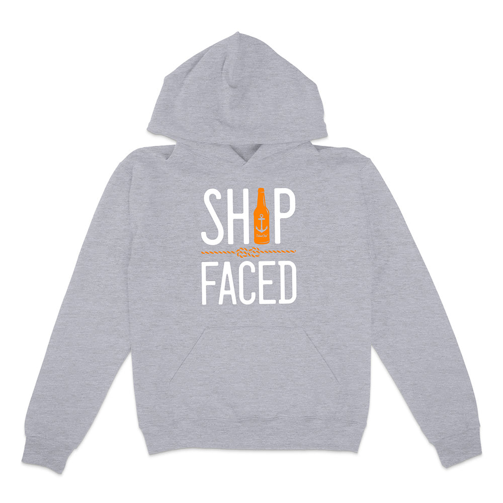 Gray hoodie with 'Ship Faced' text and bottle graphic on a white background
