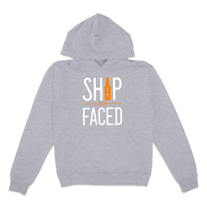 Gray hoodie with 'Ship Faced' text and bottle graphic on a white background