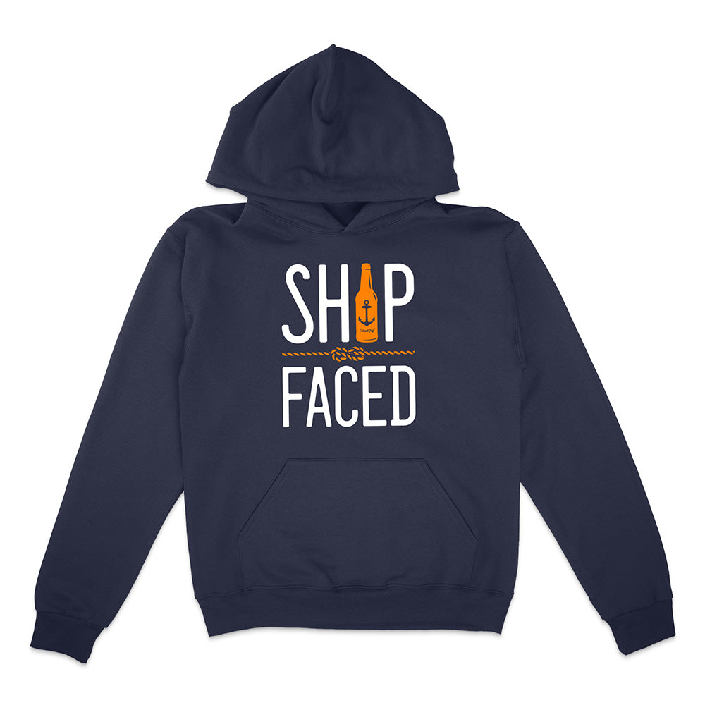 Navy blue hoodie with 'Ship Faced' text and bottle graphic on a white background