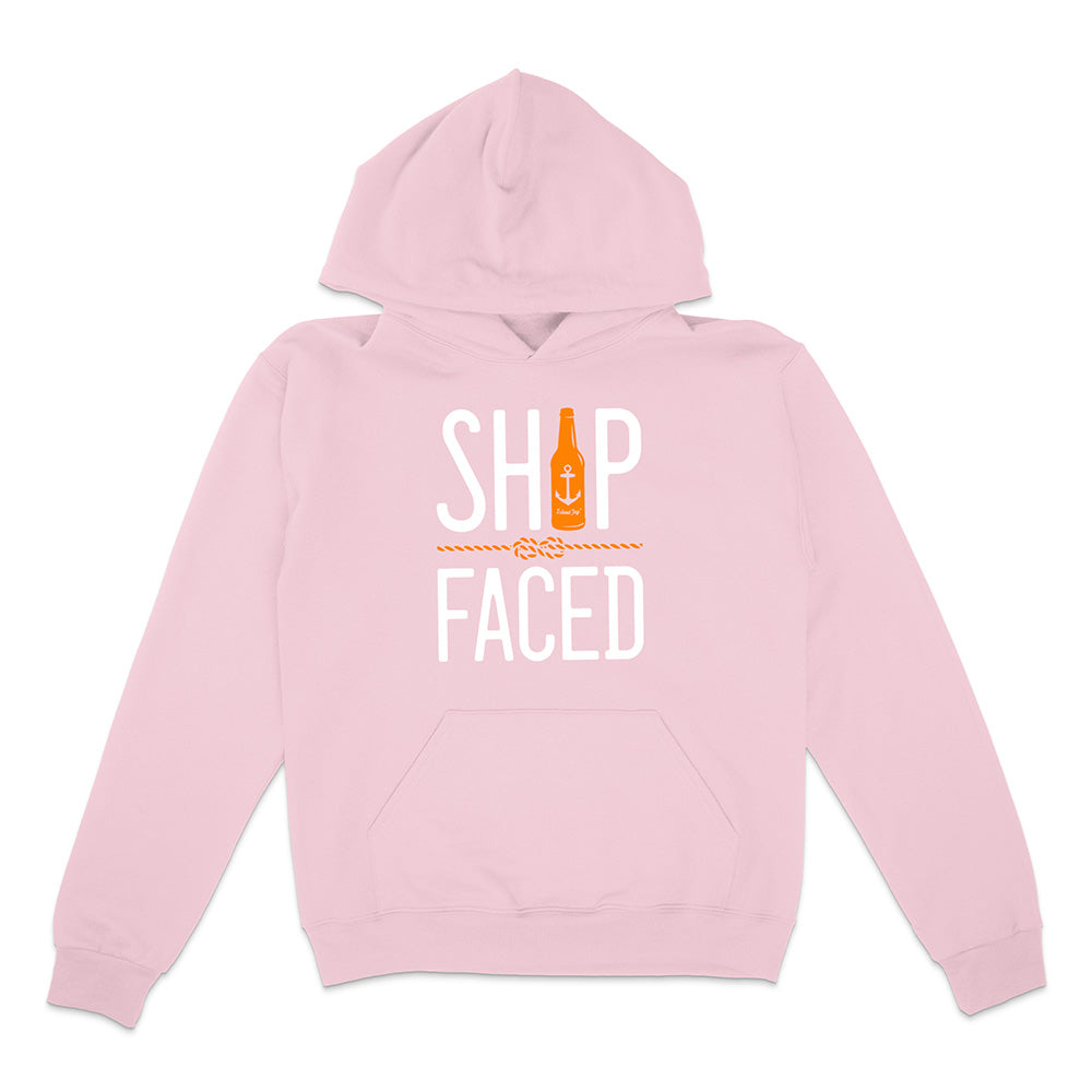 Pink hoodie with 'Ship Faced' text and bottle graphic on a white background
