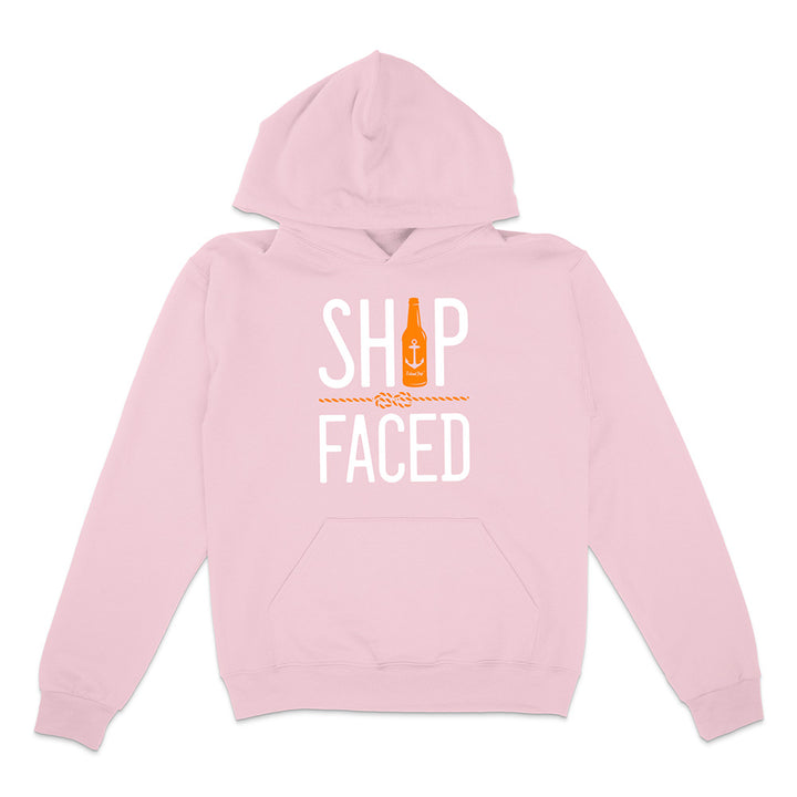 Pink hoodie with 'Ship Faced' text and bottle graphic on a white background