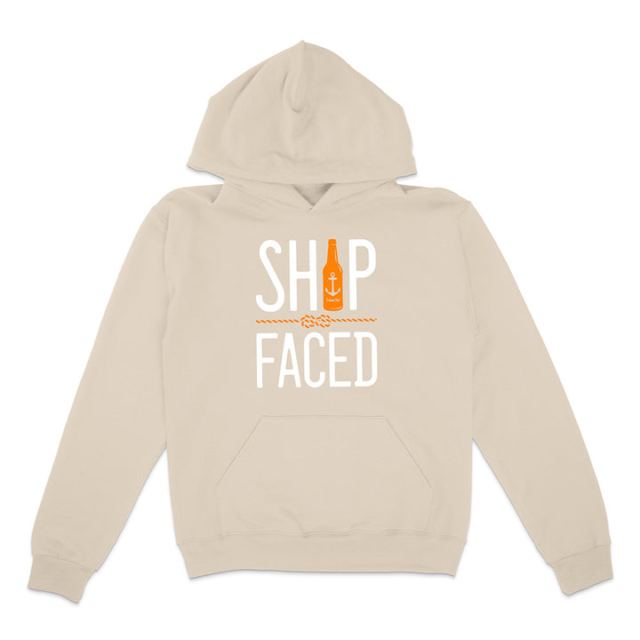 Beige hoodie with 'Ship Faced' text and bottle graphic on a white background