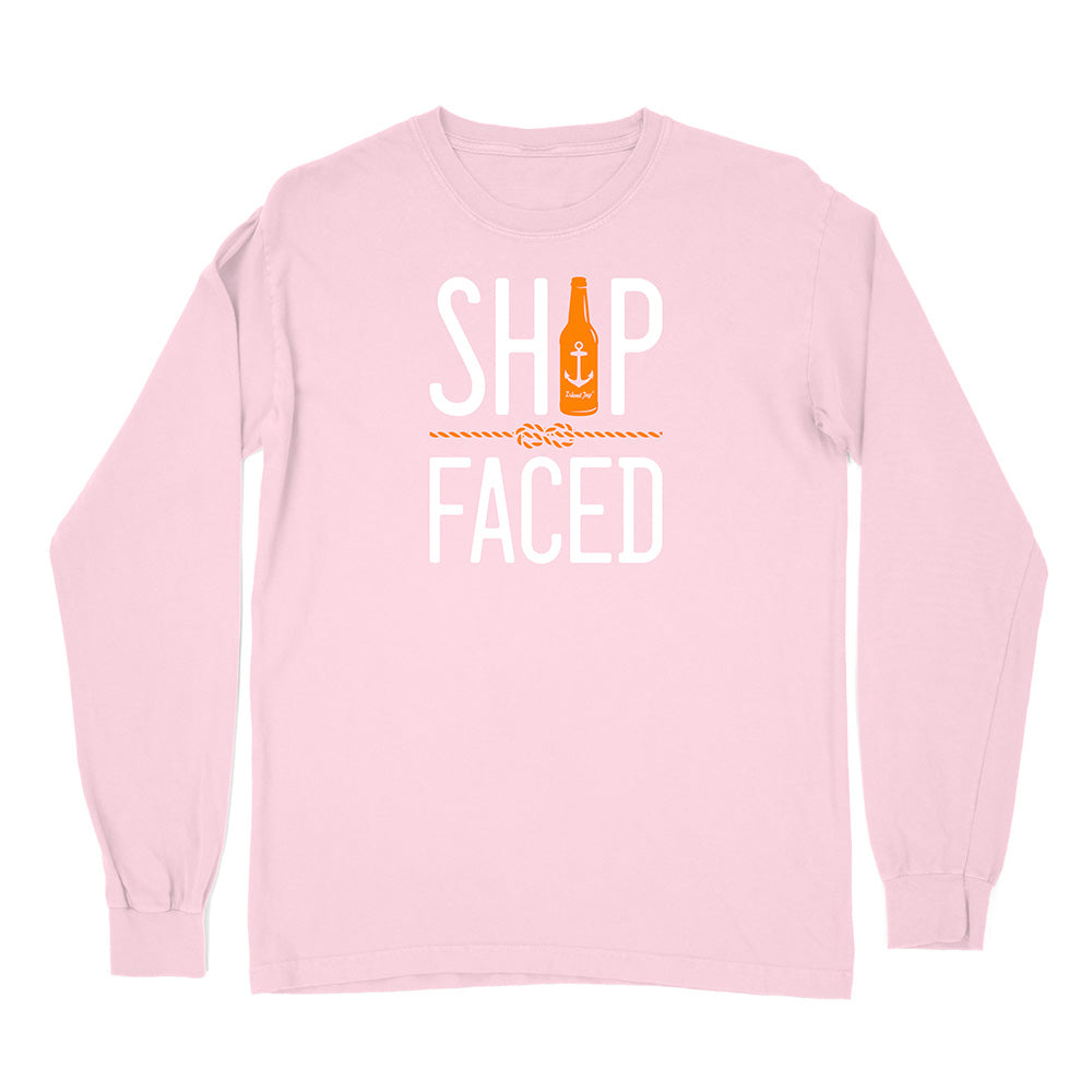 Pink long-sleeve shirt with 'Ship Faced' graphic design on a white background