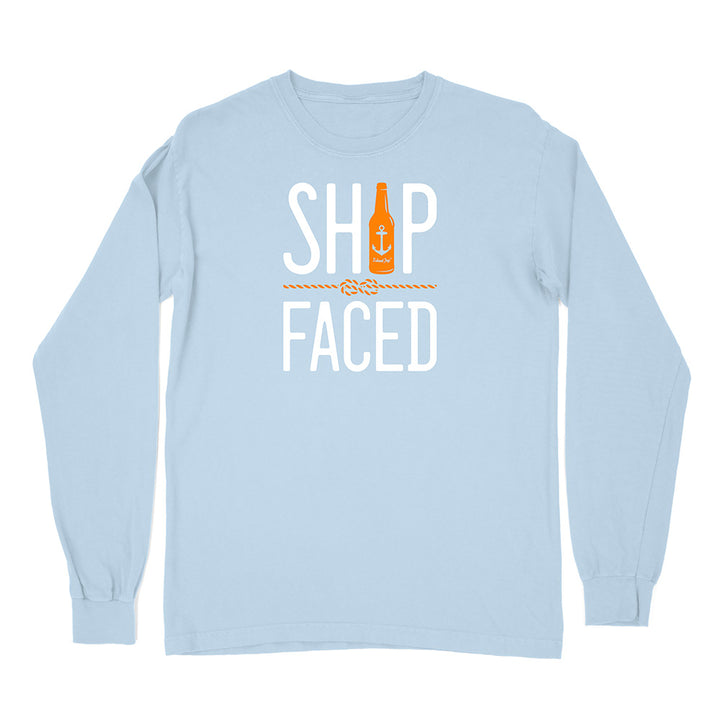 Light blue long-sleeve shirt with 'Ship Faced' graphic design on a white background