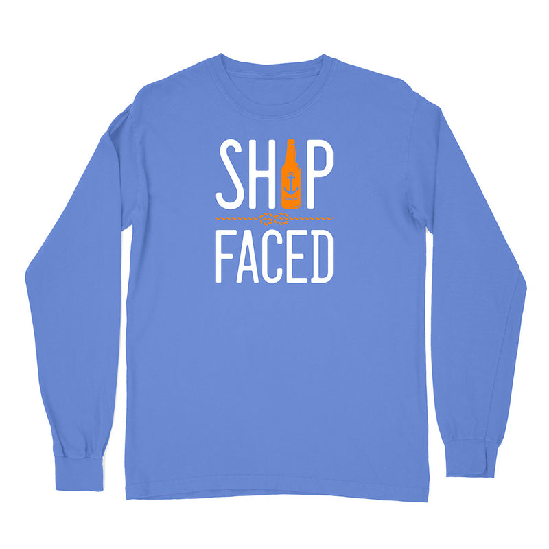 Blue long-sleeve shirt with 'Ship Faced' text and bottle graphic on a white background
