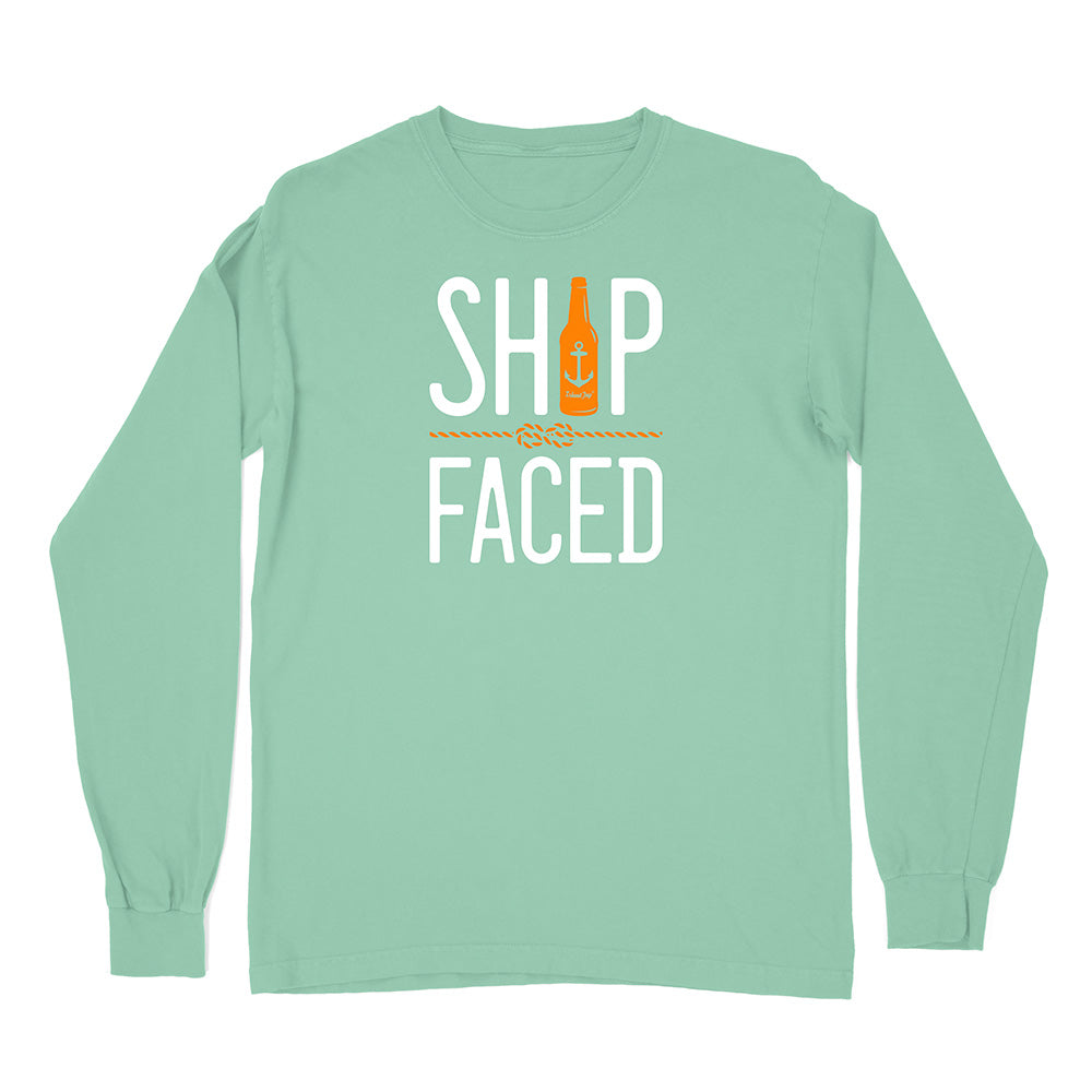 Mint green long-sleeve shirt with 'Ship Faced' graphic design on a white background