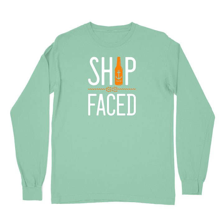 Mint green long-sleeve shirt with 'Ship Faced' graphic design on a white background