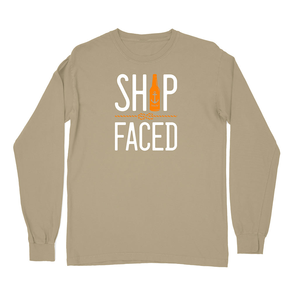 Beige long-sleeve shirt with 'Ship Faced' text and bottle graphic on a white background