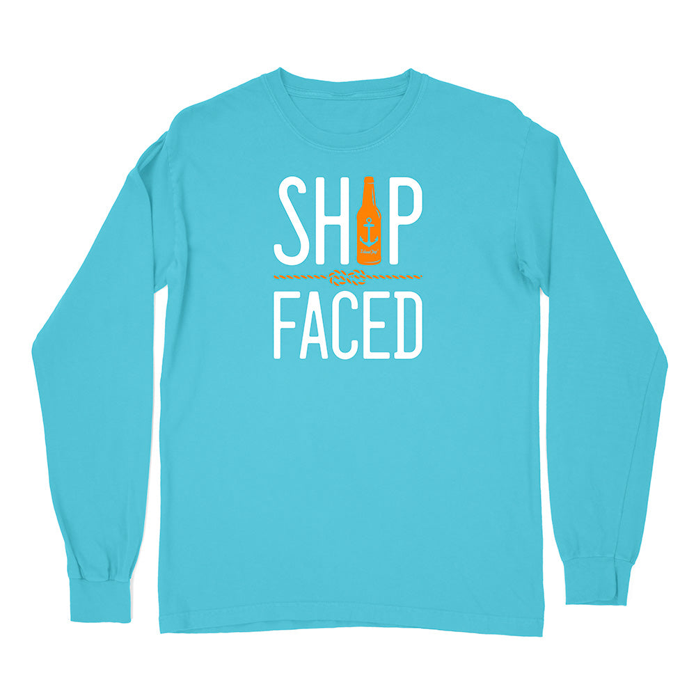 Blue long-sleeve shirt with 'Ship Faced' text and bottle graphic on a white background
