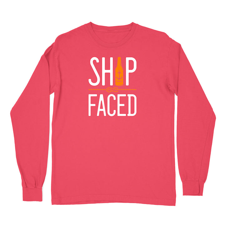 Red long-sleeve shirt with 'Ship Faced' text and bottle graphic on a white background